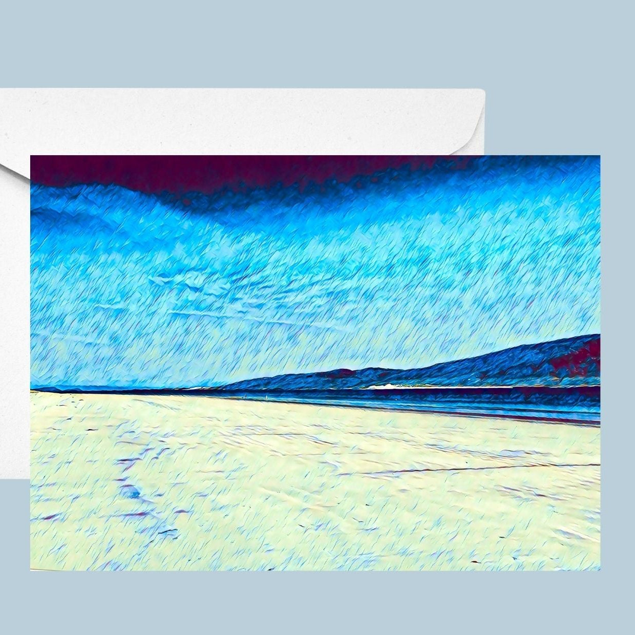 Elsie & Bella Luskentyre Beach card featuring colourful Scottish coastal artwork inspired by the Isle of Harris