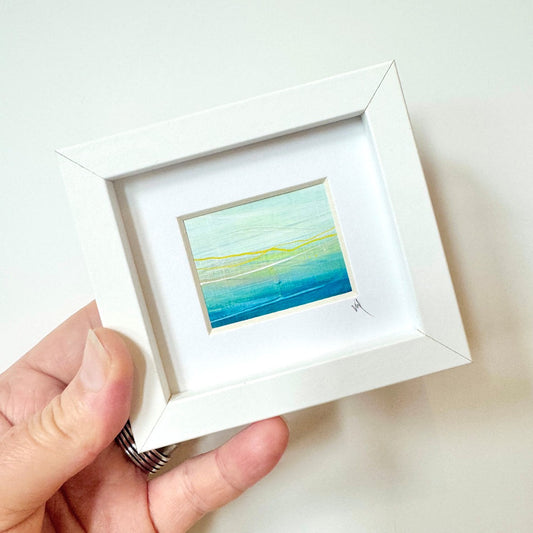 Small original mixed media painting of Carnoustie coastline, framed in white 3.5x4 inch frame