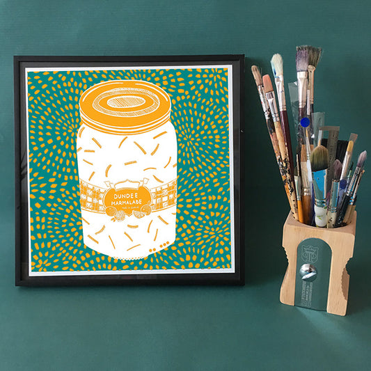 Dundee Marmalade print with Marrs Green background and hand-drawn details
