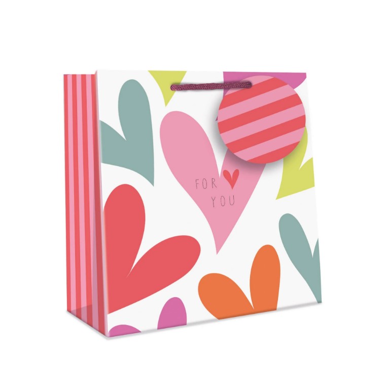 Multicolour Belly Button medium gift bag with rope handles, Stripe tag and Hearts design