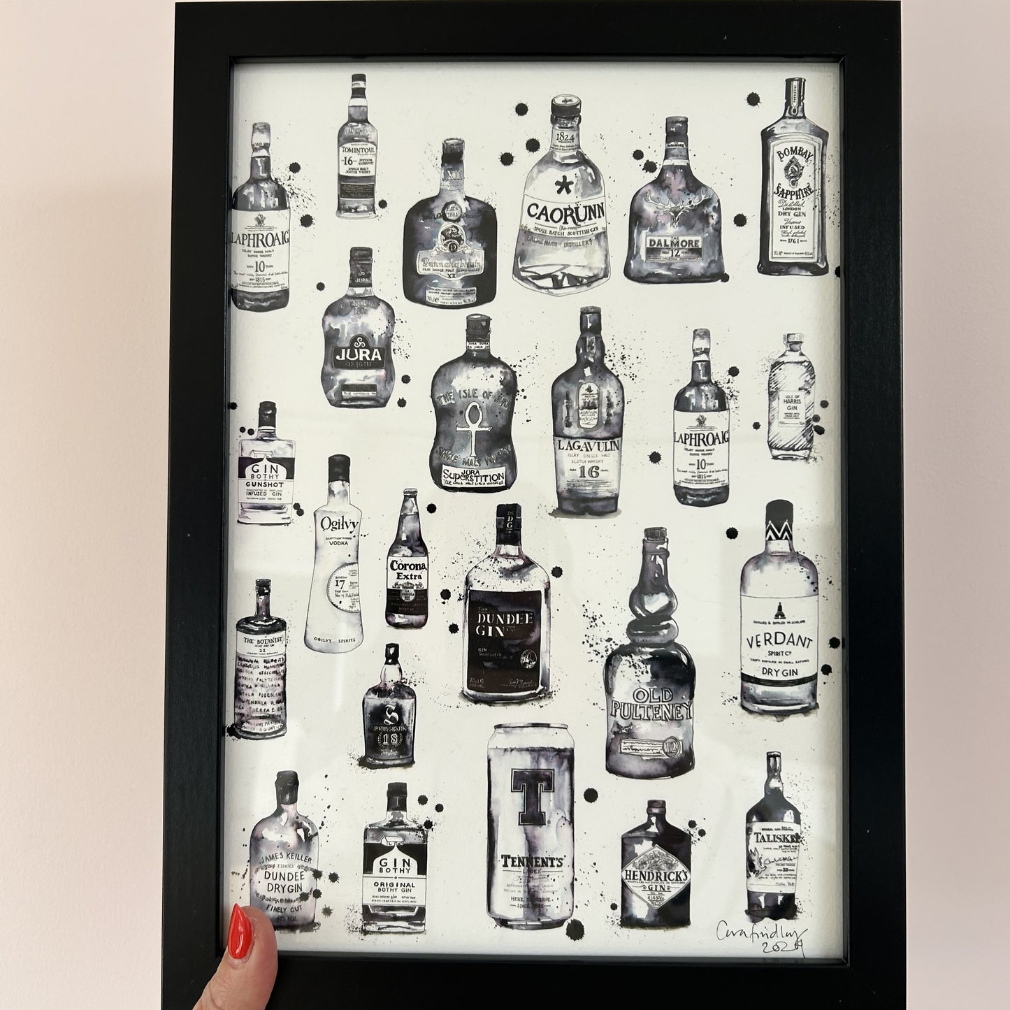 Cara Findlay Mixed Bottle monochrome print featuring hand-drawn gin, whisky, vodka and lager bottles