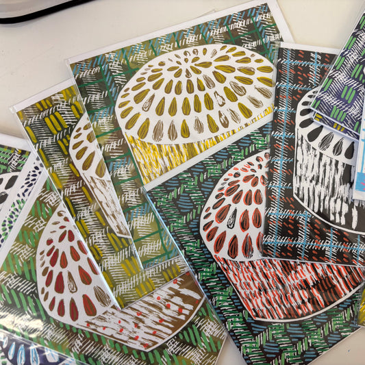 Monochrome Dundee Cake illustration card with colurful hand-finished details by Louise Kirby