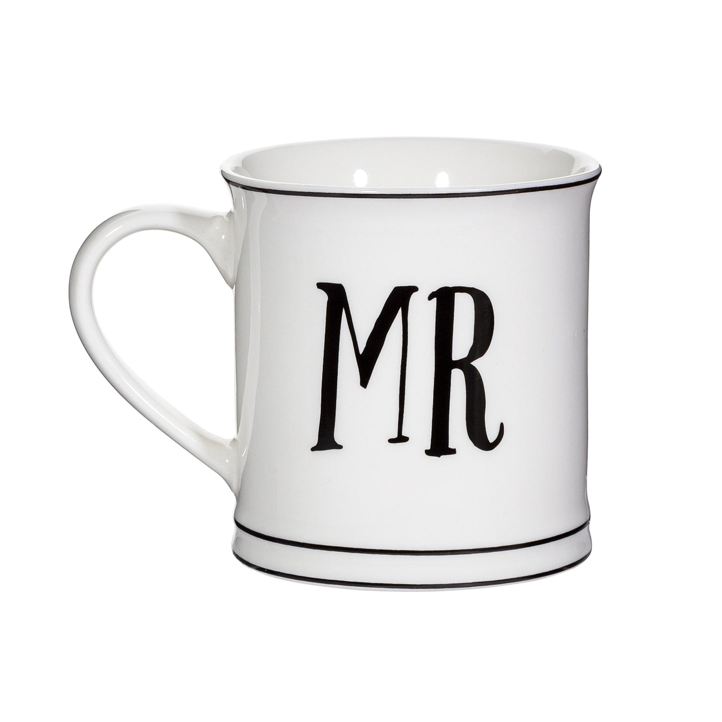 Monochrome Mr & Mrs couple mugs ceramic white with black text 350ml