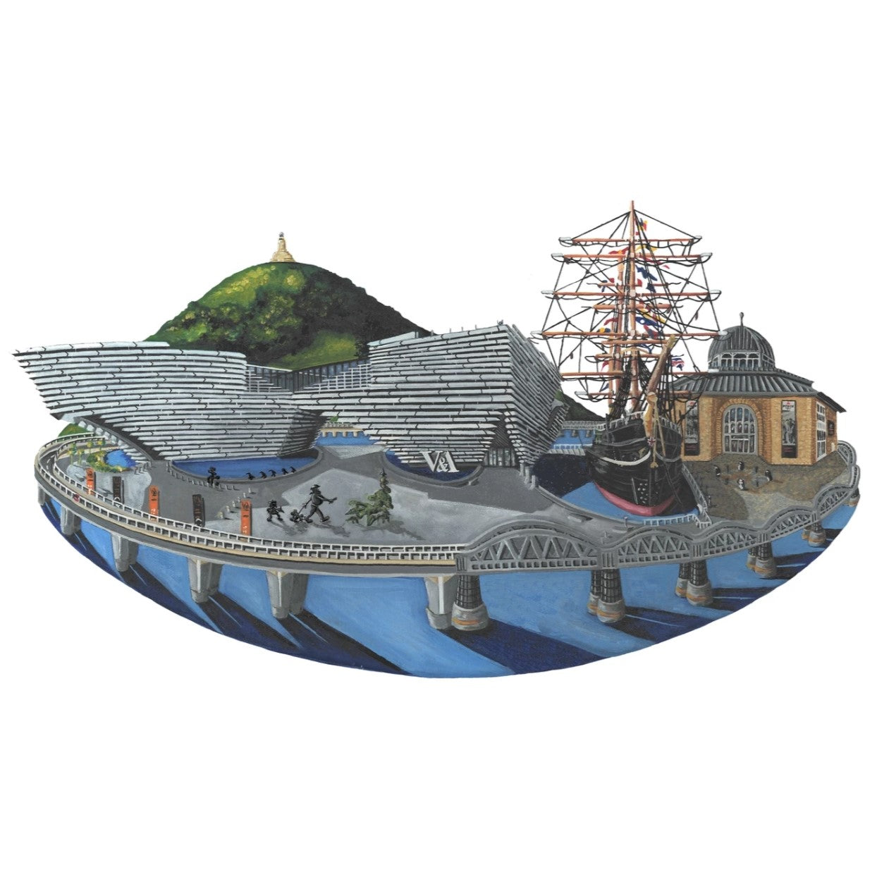 The V&A On The Tay - A3 print of Dundee landmarks including Law Hill, V&A, Discovery, Tay Road and Rail Bridges by Nicola Kleppang