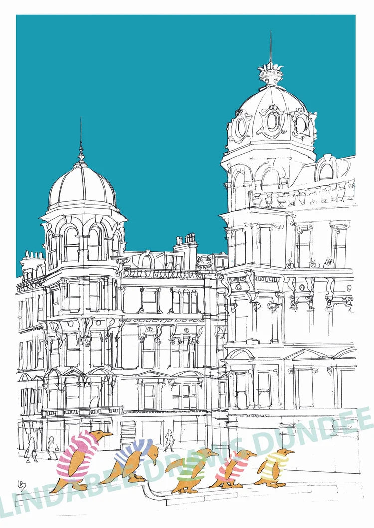 Penguins on Parade at Whitehall Street print by Lindabee Draws Dundee featuring the Five Penguins sculptures in Dundee