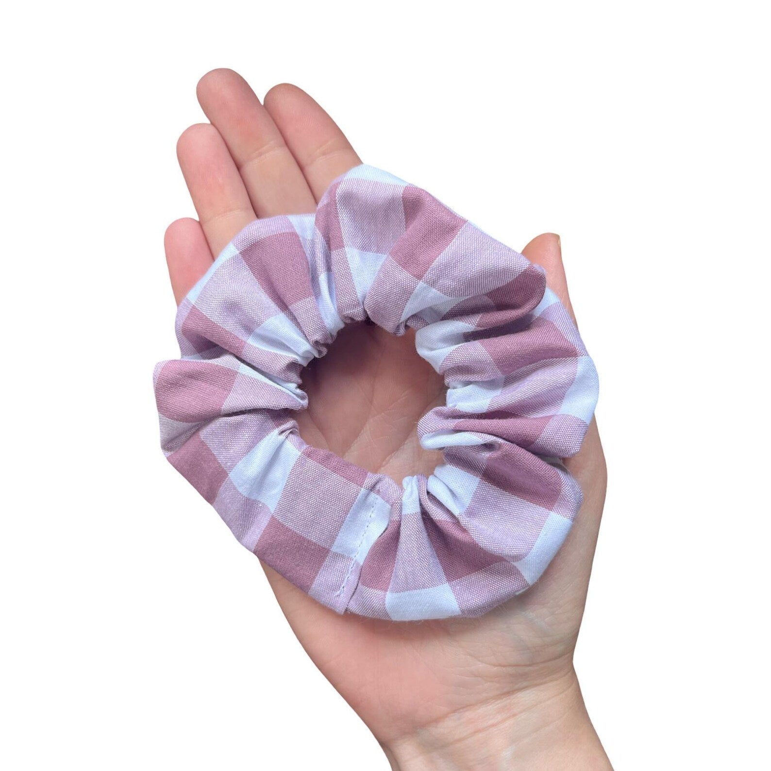 Handmade large cotton scrunchie in mauve gingham fabric, soft and reusable accessory