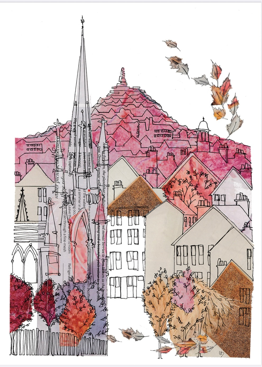 Pink Perth Road greeting card by Lindabee Draws Dundee featuring rooftops, architectural spires and The Law