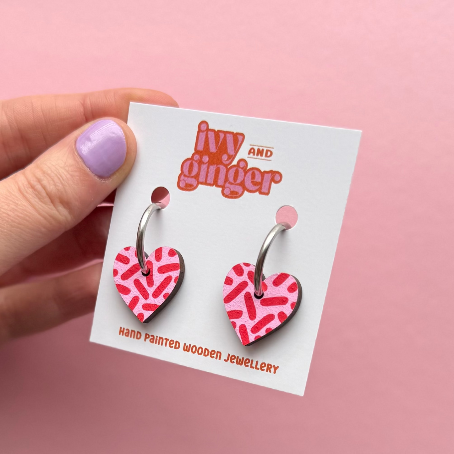 Pink and red dash heart hoop earrings by Ivy and Ginger hand painted FSC wood jewellery