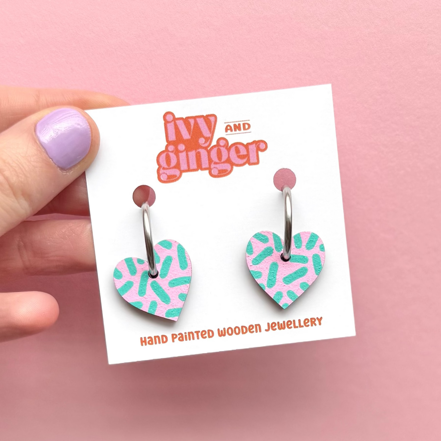 Pink and teal dash heart hoop earrings by Ivy and Ginger hand painted FSC wood jewellery