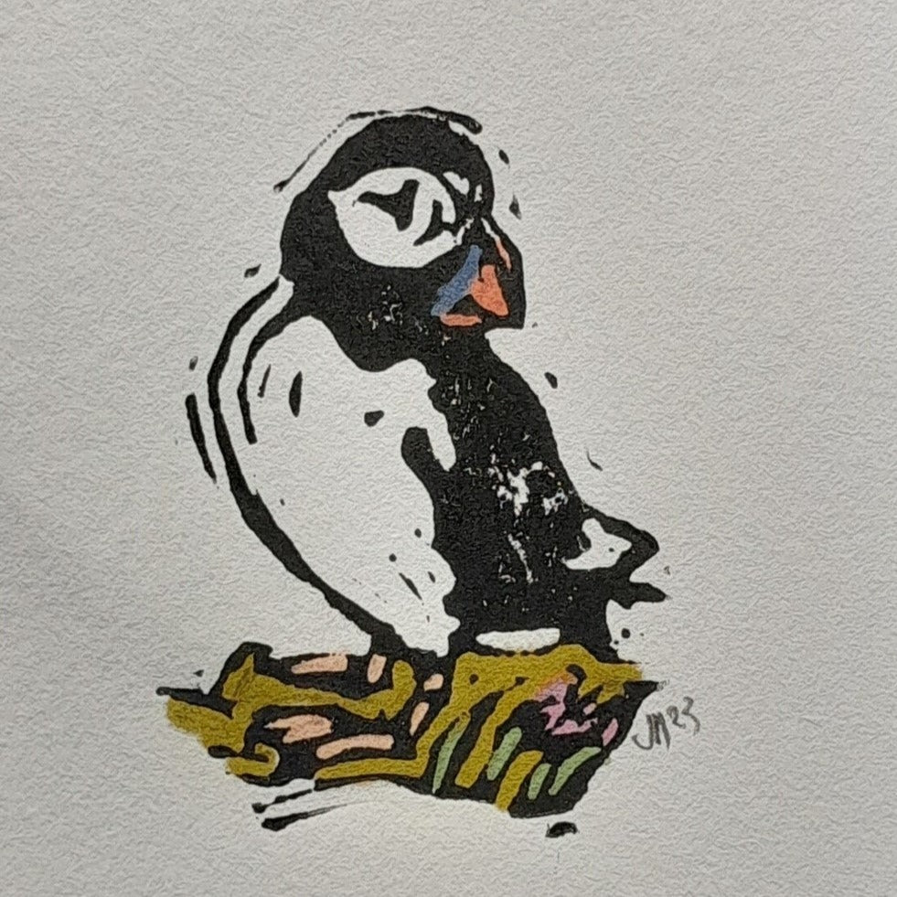 Puffin lino print by BeeBirds Scottish seabird artwork