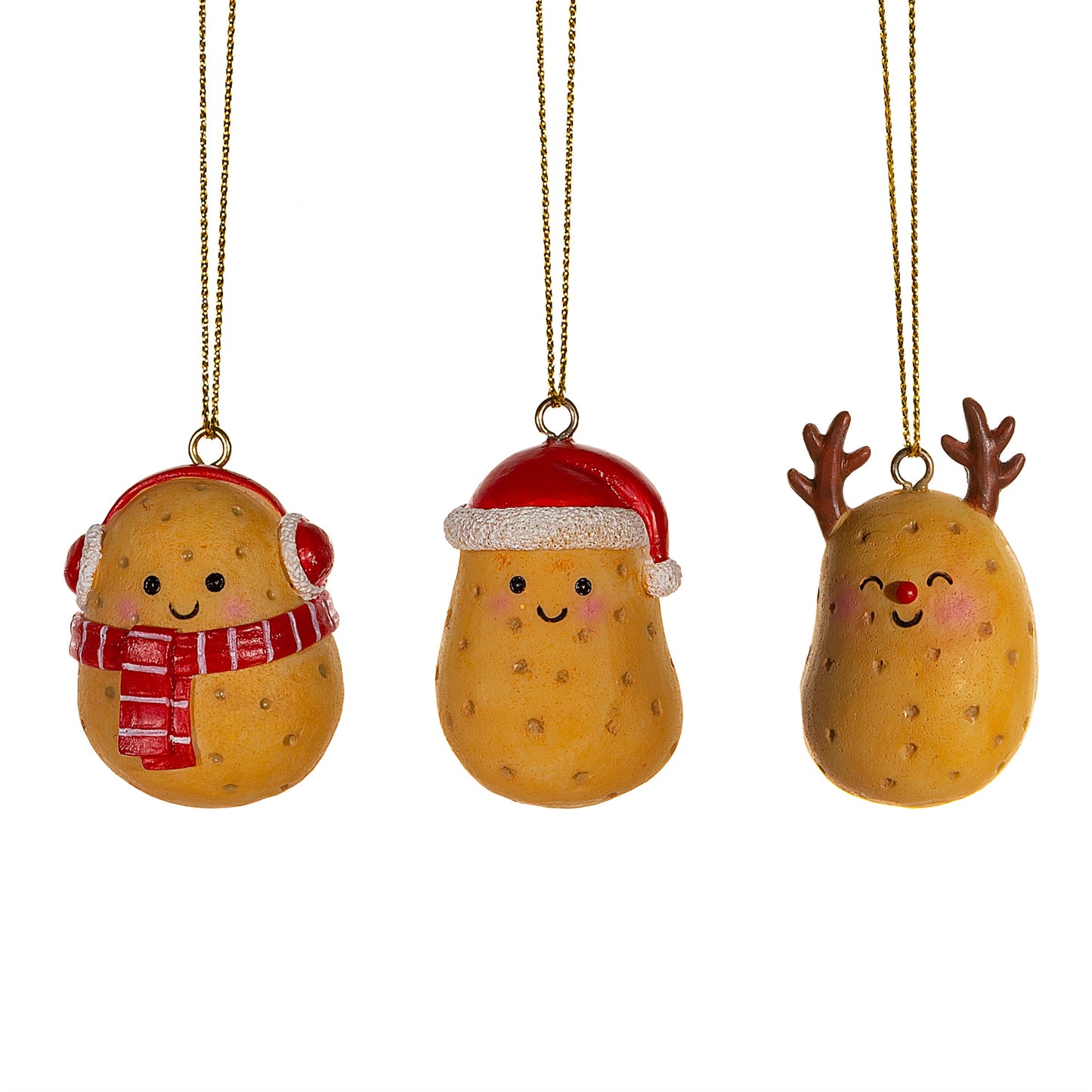 Set of three small, hand-painted potato-shaped Christmas ornaments, each decorated with a whimsical Christmas theme, measuring about 4.5cm high.