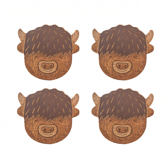 Set of 4 wooden Highland cow coasters from the Farmyard collection with rustic country charm.