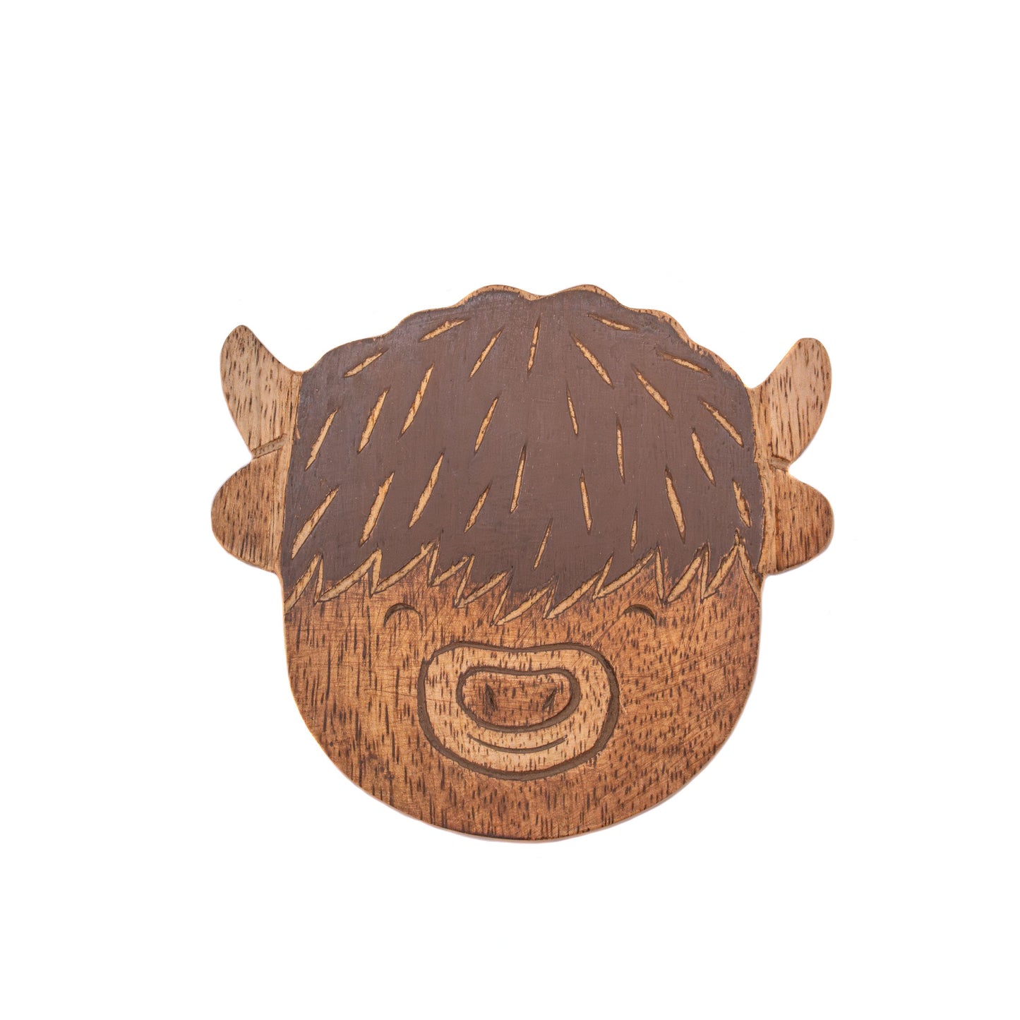 Wooden Highland cow coaster from the Farmyard collection with rustic country charm.