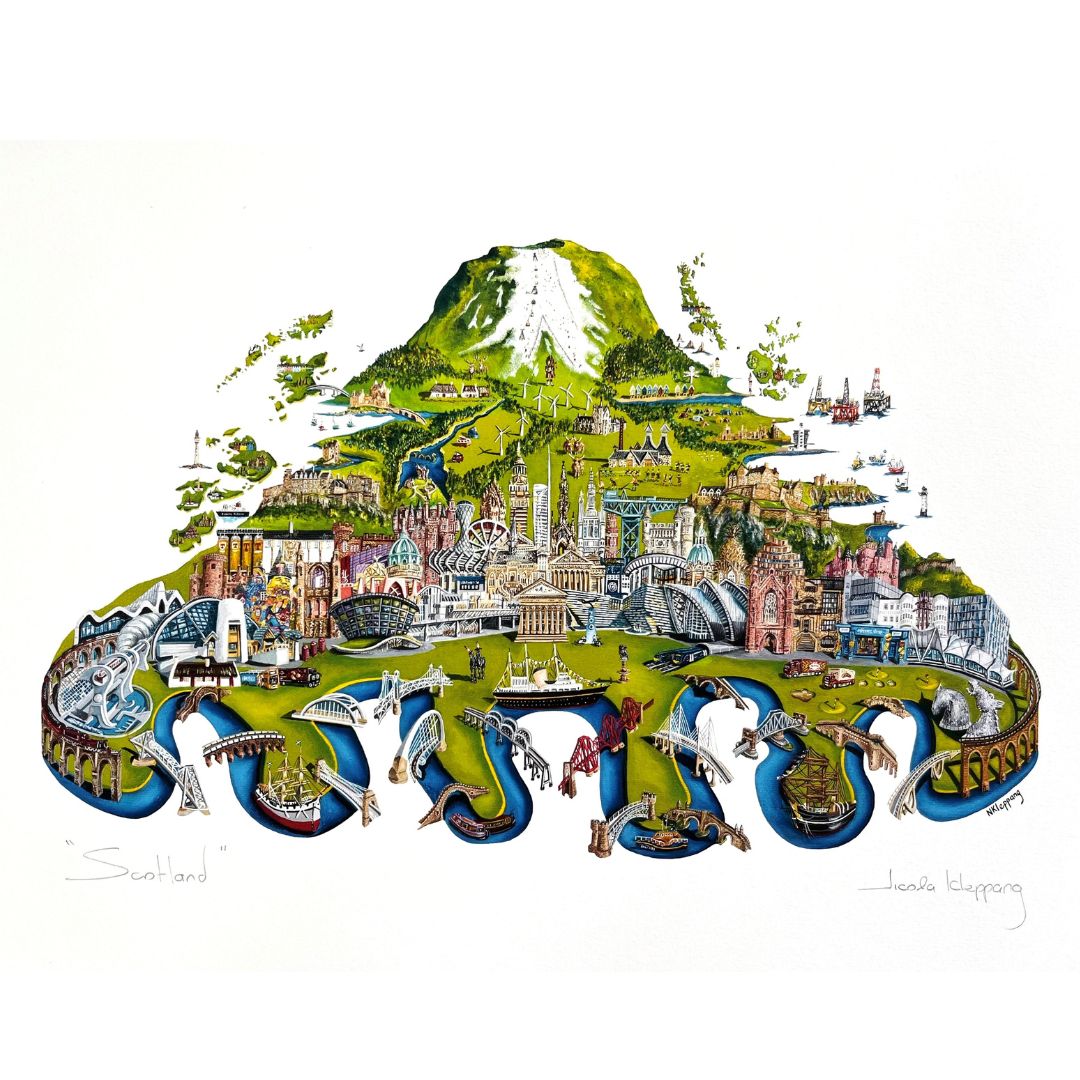 Signed A3 giclée Scotland print by local artist Nicola Kleppang featuring a collection of Scottish locations and landmarks.