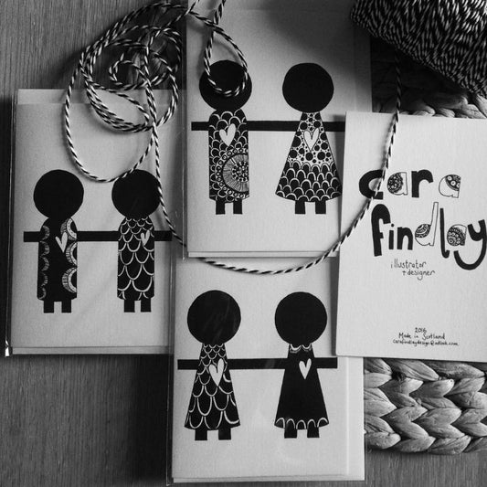 Monochrome couple greeting cards A6, hand drawn by Cara Findlay, ideal for engagement, wedding, anniversary, or Valentine’s