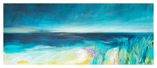 Limited edition Sea Pinks on the Wild Shore print, portrait artwork inspired by Lunan Bay near Arbroath in Angus.