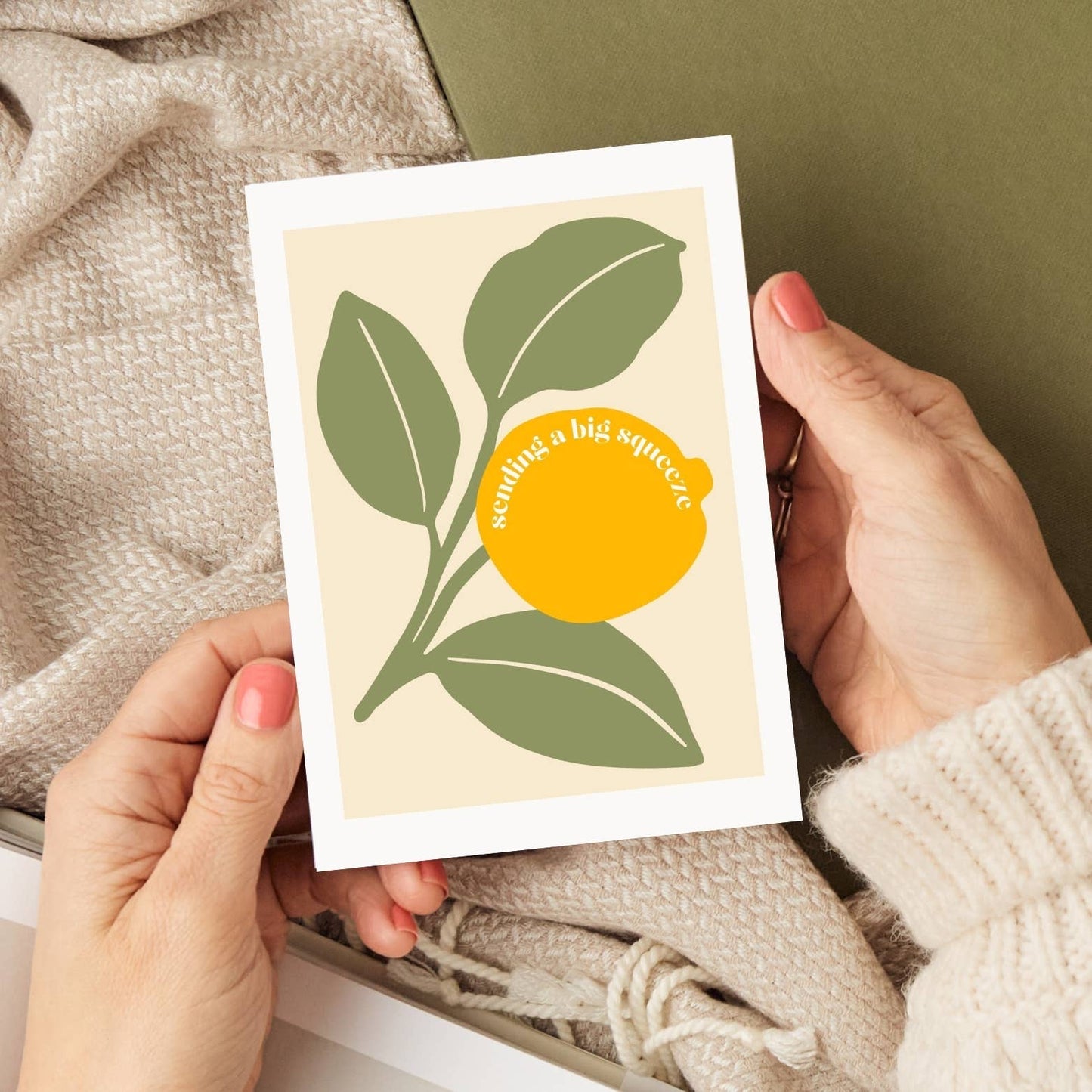 Sending a Big Squeeze lemon illustration A6 card printed on textured 280gsm card with kraft envelope, blank inside