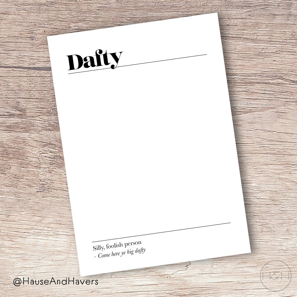 Dafty definition card by Hause & Havers, Scottish slang greeting card printed in Edinburgh with kraft envelope, perfect for birthdays or laughs.