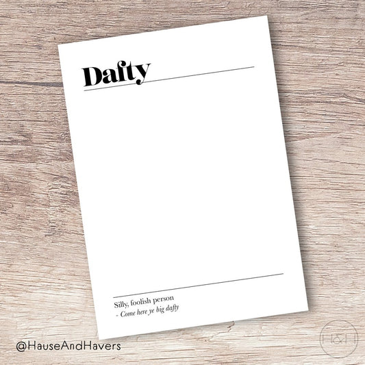 Dafty definition card by Hause & Havers, Scottish slang greeting card printed in Edinburgh with kraft envelope, perfect for birthdays or laughs.