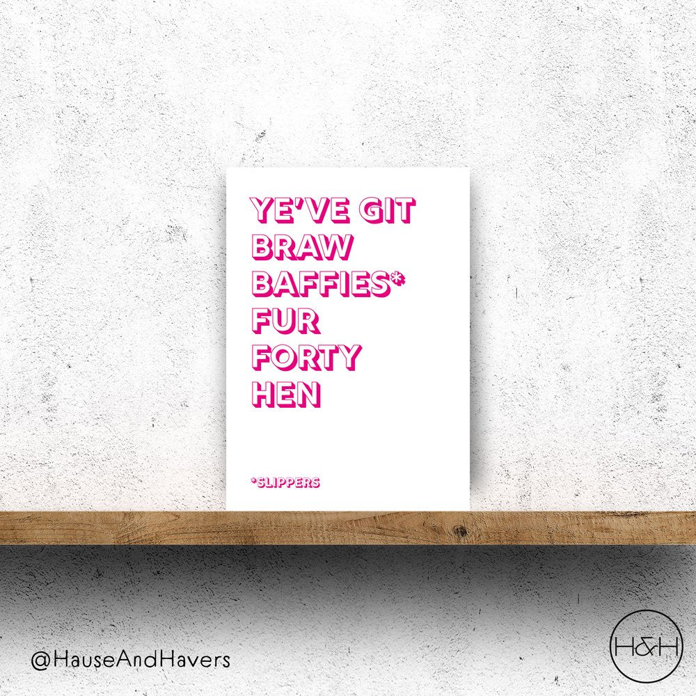 Scottish birthday card by Hause & Havers with “Braw Baffies” design, age 40, blank inside, made in Edinburgh with envelope included.