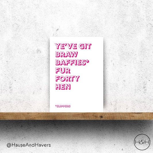 Scottish birthday card by Hause & Havers with “Braw Baffies” design, age 40, blank inside, made in Edinburgh with envelope included.