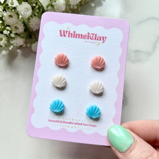 Polymer clay sea shell stud earrings in three colours with stainless steel posts, lightweight and coastal-inspired