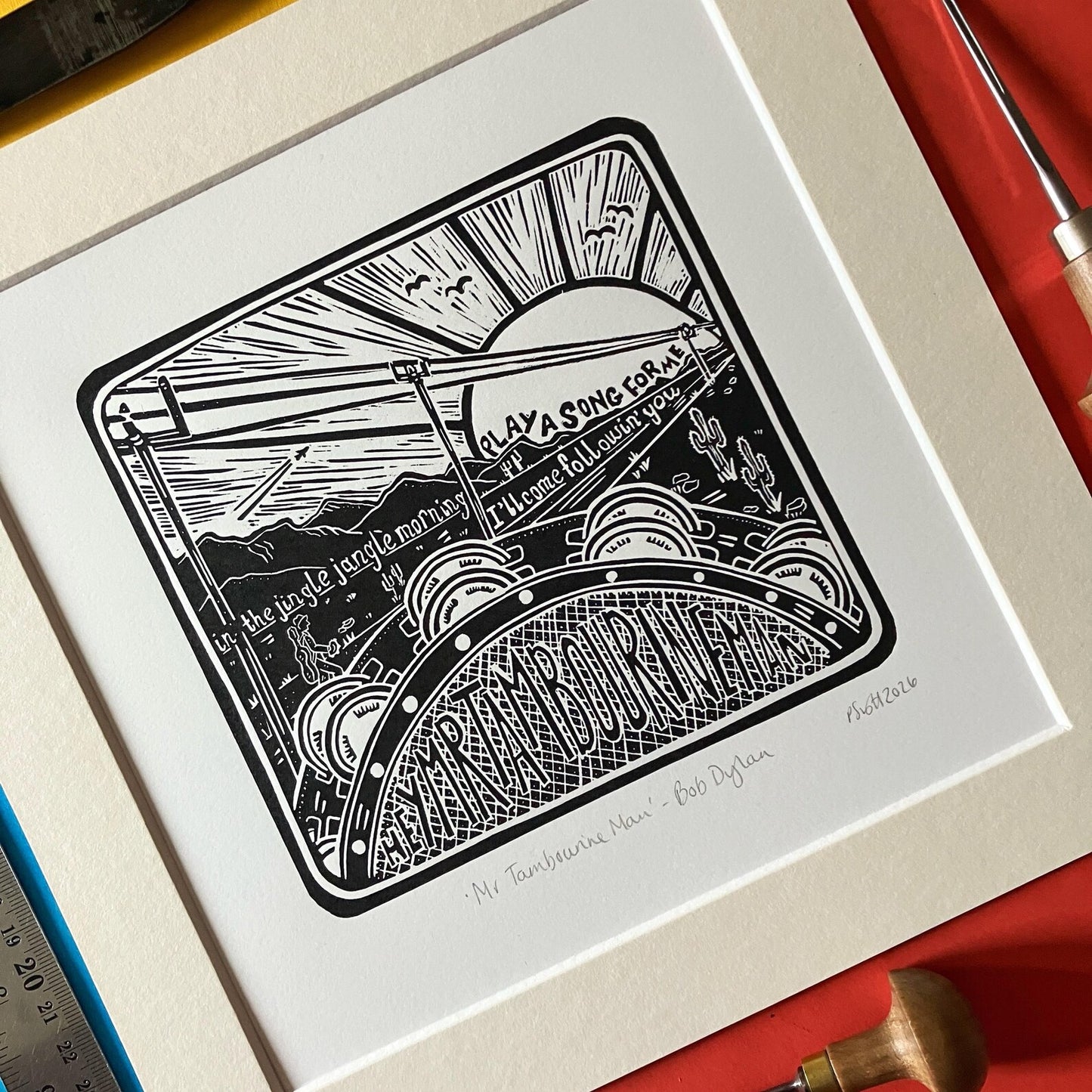 Mr Tambourine Man original linocut print by Pamela Scott inspired by the Bob Dylan song, signed and mounted