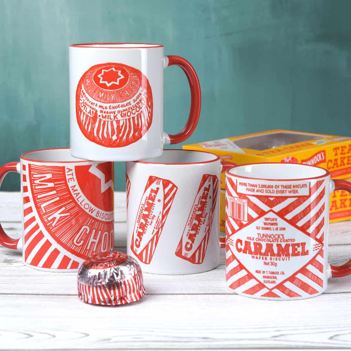 Tunnock’s Teacake earthenware mugs by Scottish artist Gillian Kyle printed in the UK