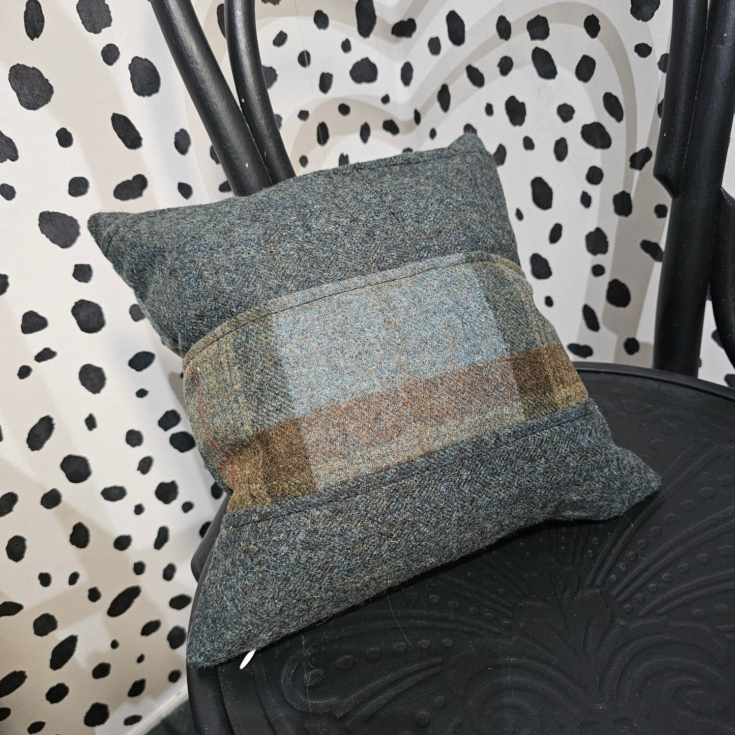 Dark teal and McLeod tartan cushion Silvera Upholstery feather filled