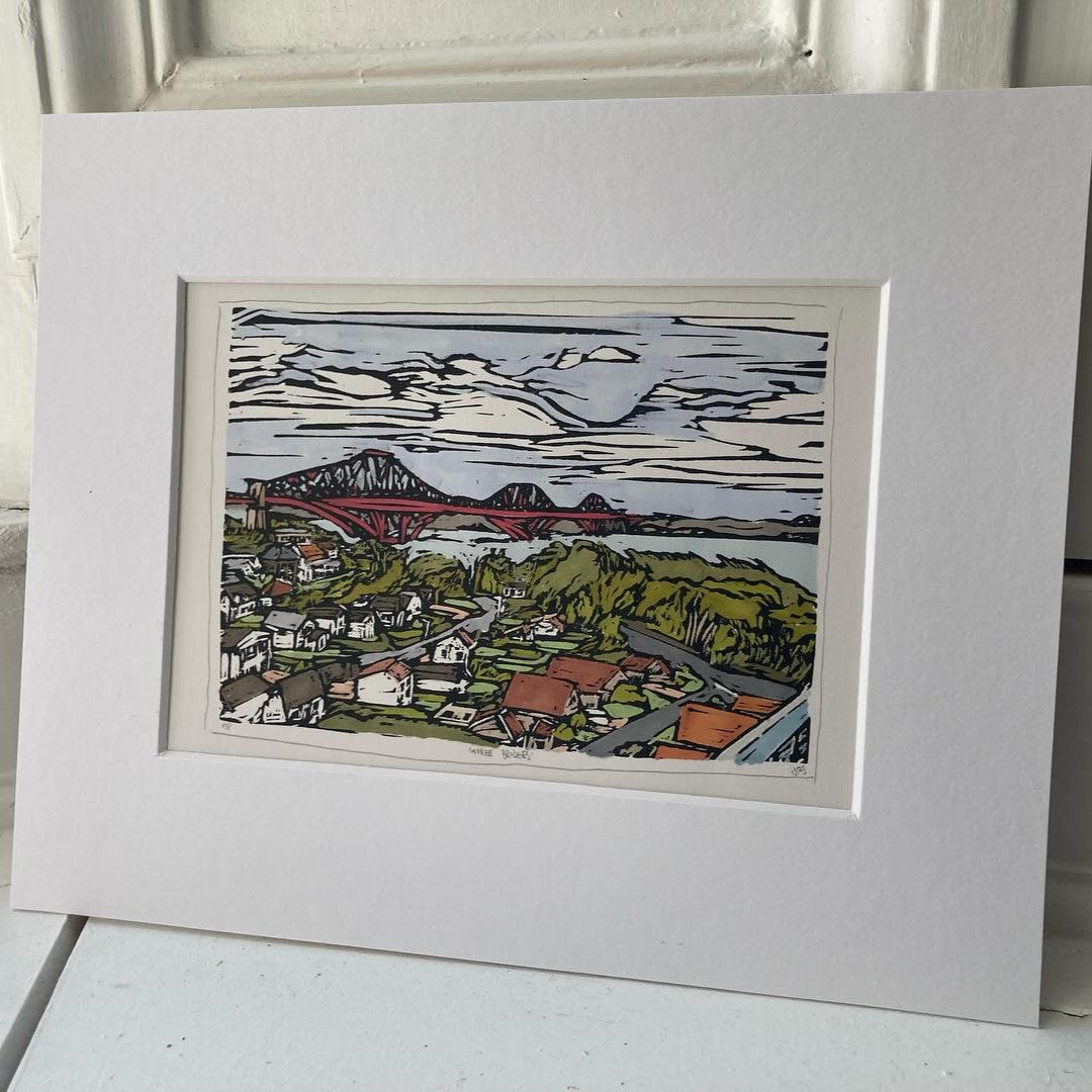 Mounted lino print artwork of a landscape with the Fourth Rail Bridge