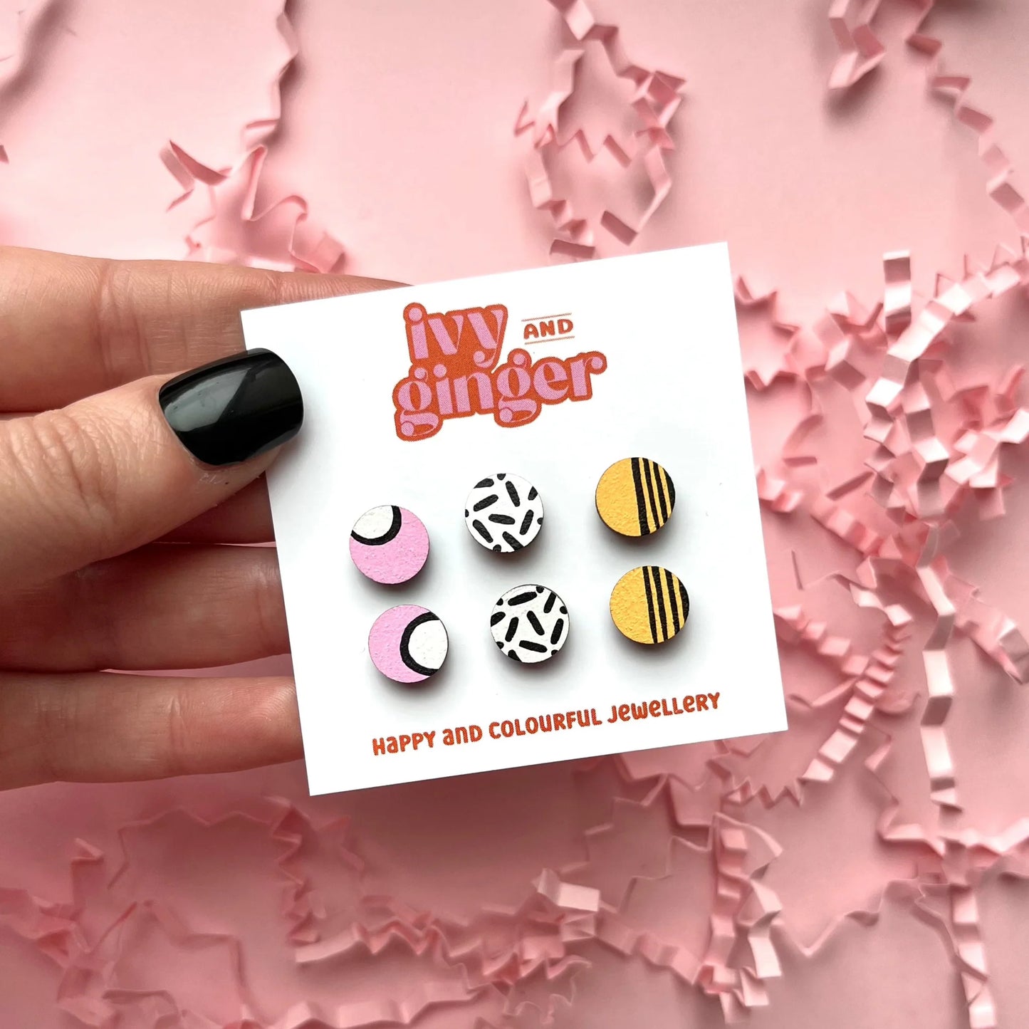 Mini tropical stud earrings by Ivy and Ginger pink white and apricot yellow hand painted jewellery