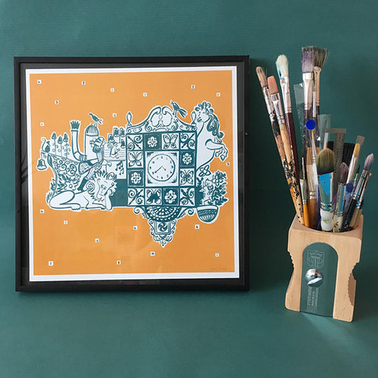 Illustrated Wellgate Clock print with Yellow background by Louise Kirby