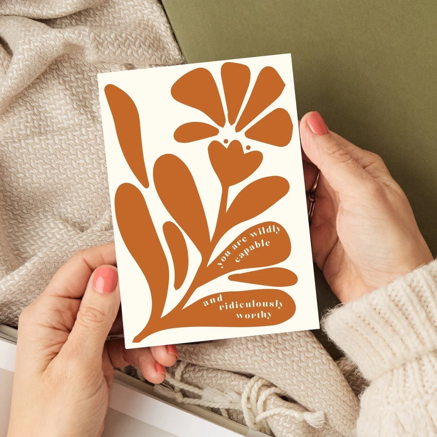 You Are Wildly Capable and Ridiculously Worthy A6 greeting card, bold floral design, blank inside with kraft envelope