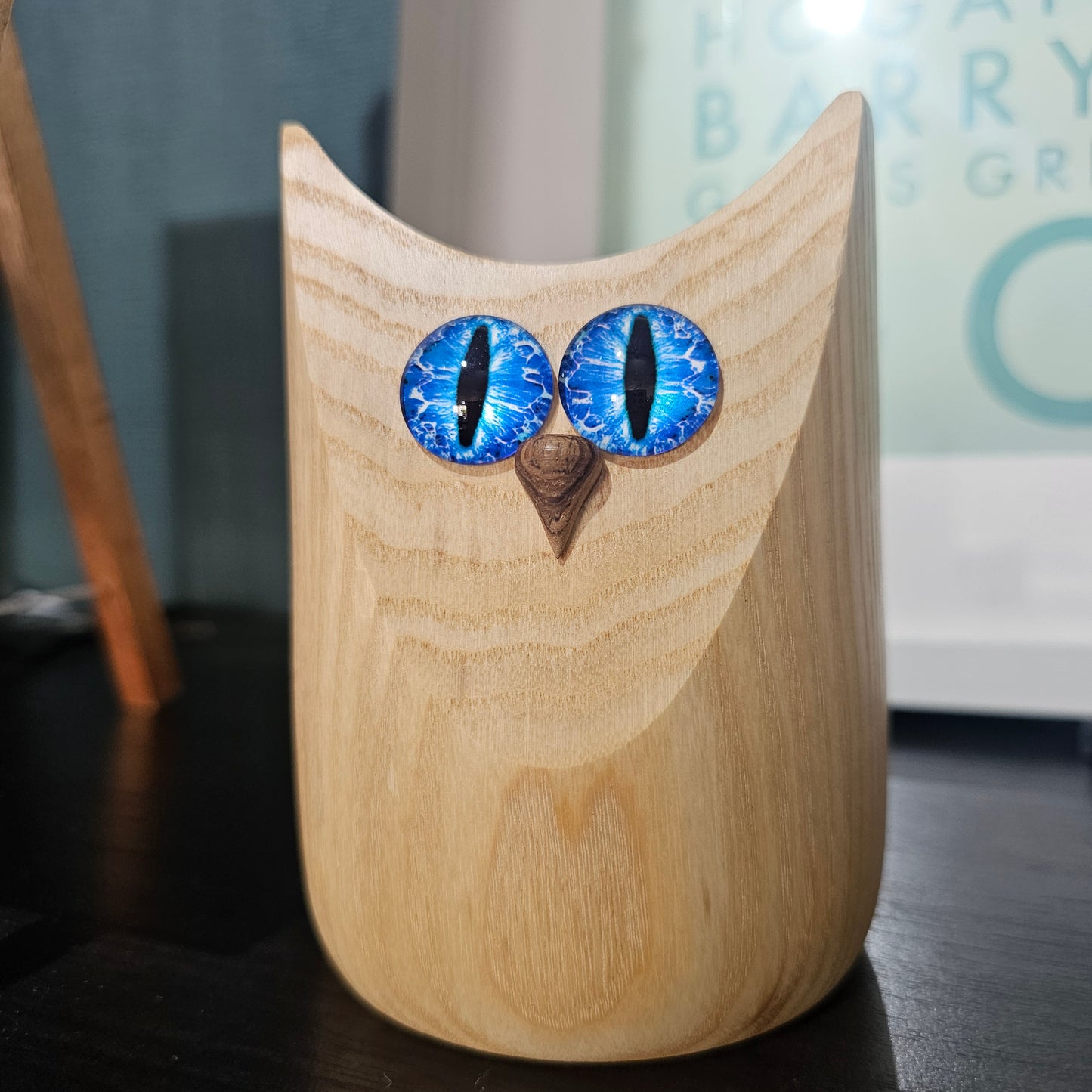 Wooden Owl Figure with glass eyes, handcrafted in Carnoustie
