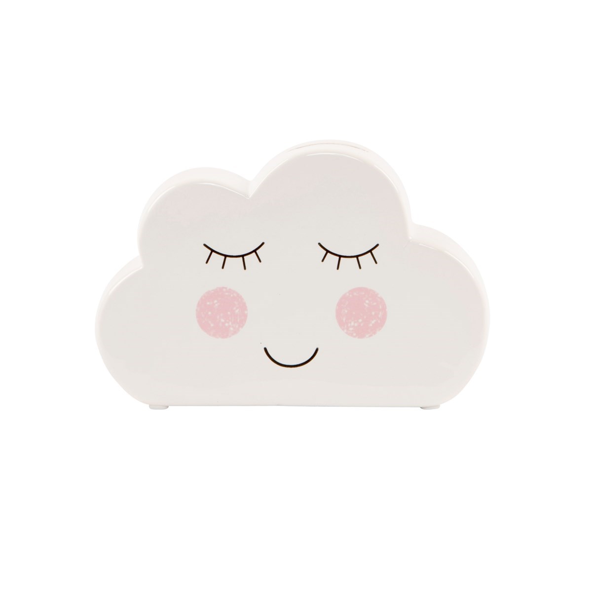 A white money box shaped like a cloud, featuring a hand-painted smiley face with rosy cheeks. The dimensions are approximately 16.5cm long.