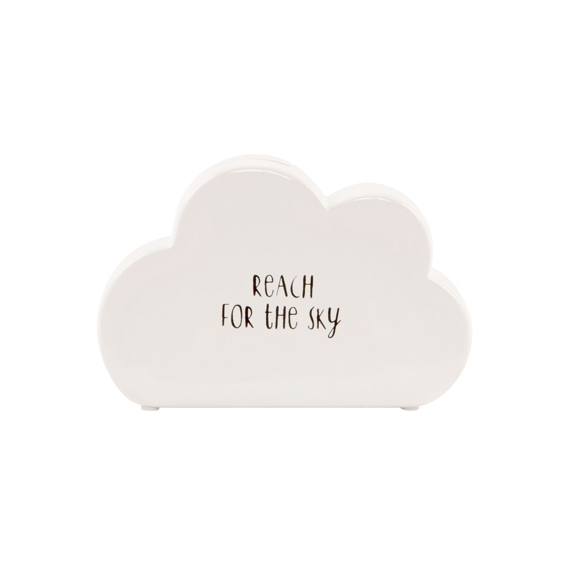 A white money box shaped like a cloud, featuring a hand-painted Reach for the Sky message. The dimensions are approximately 16.5cm long.