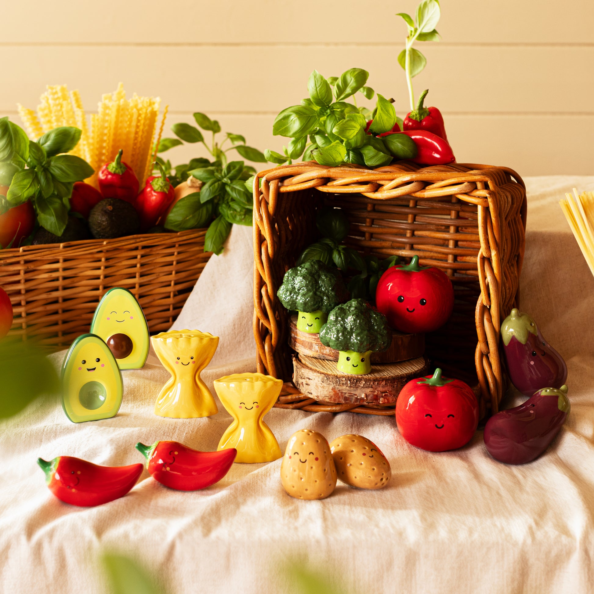 Colourful vegetable, fruit and food salt and pepper shakers