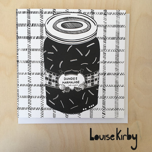 Illustrated square monochrome greetings card of Dundee Marmalade by Louise Kirby