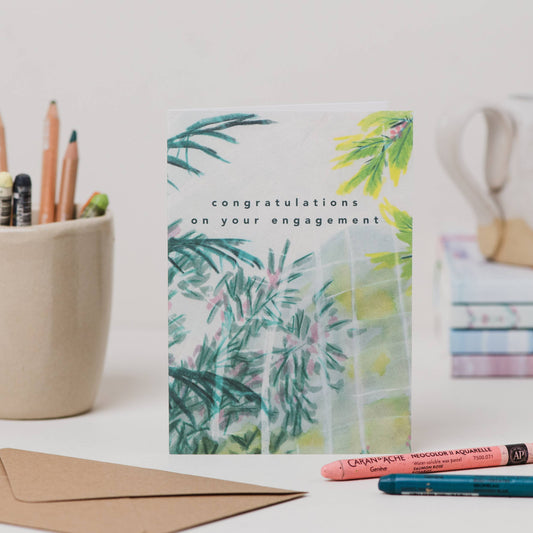 Luxury A6 engagement card with 'congratulations on your engagement' text and tropical palm house plants illustration, blank inside, printed on 350gsm UK card