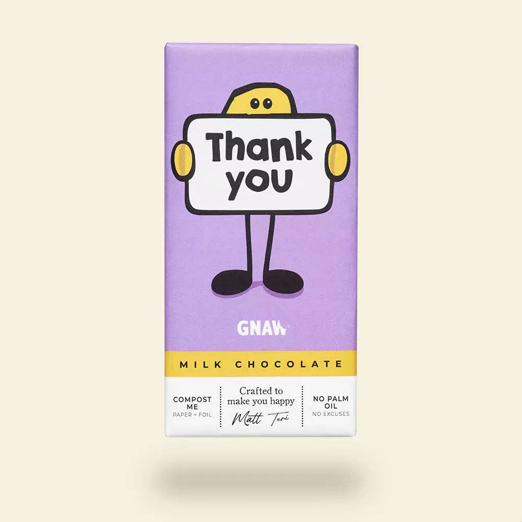 GNAW Thank You Colombian milk chocolate bar in compostable packaging