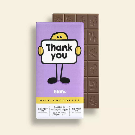 GNAW Thank You Colombian milk chocolate bar in compostable packaging
