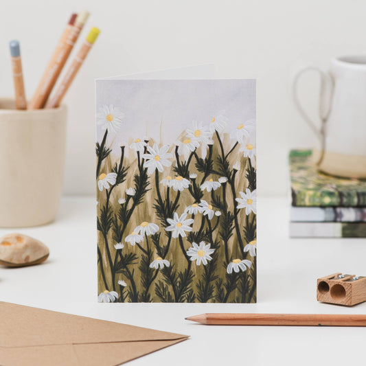 Luxury A6 floral greetings card with mixed media field of daisies illustration, blank inside, recycled Kraft envelope, printed on 350gsm UK card