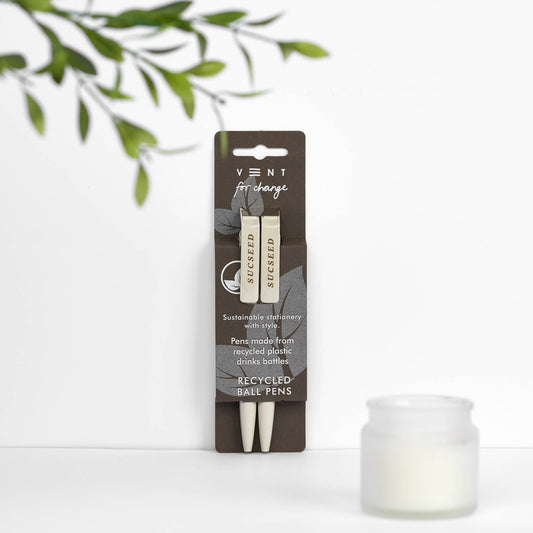 2 recycled pens in a brown SUCSEED Coffee sleeve, made from single-use plastic bottles