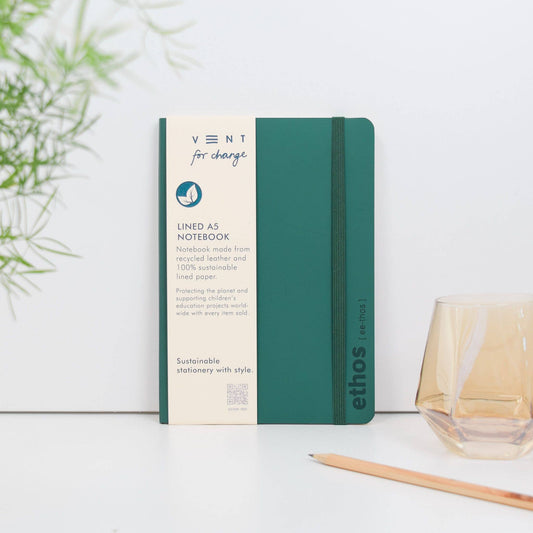 A5 recycled leather notebook with elastic closure in green