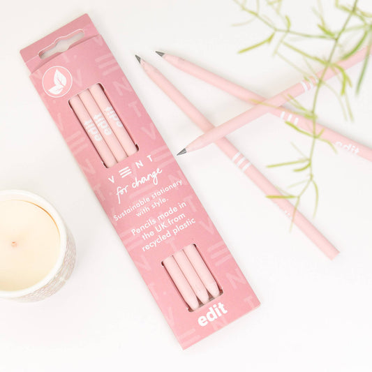 EDIT pink pencil sleeve with 3 recycled graphite pencils made from CD cases, eco-conscious and beautifully packaged