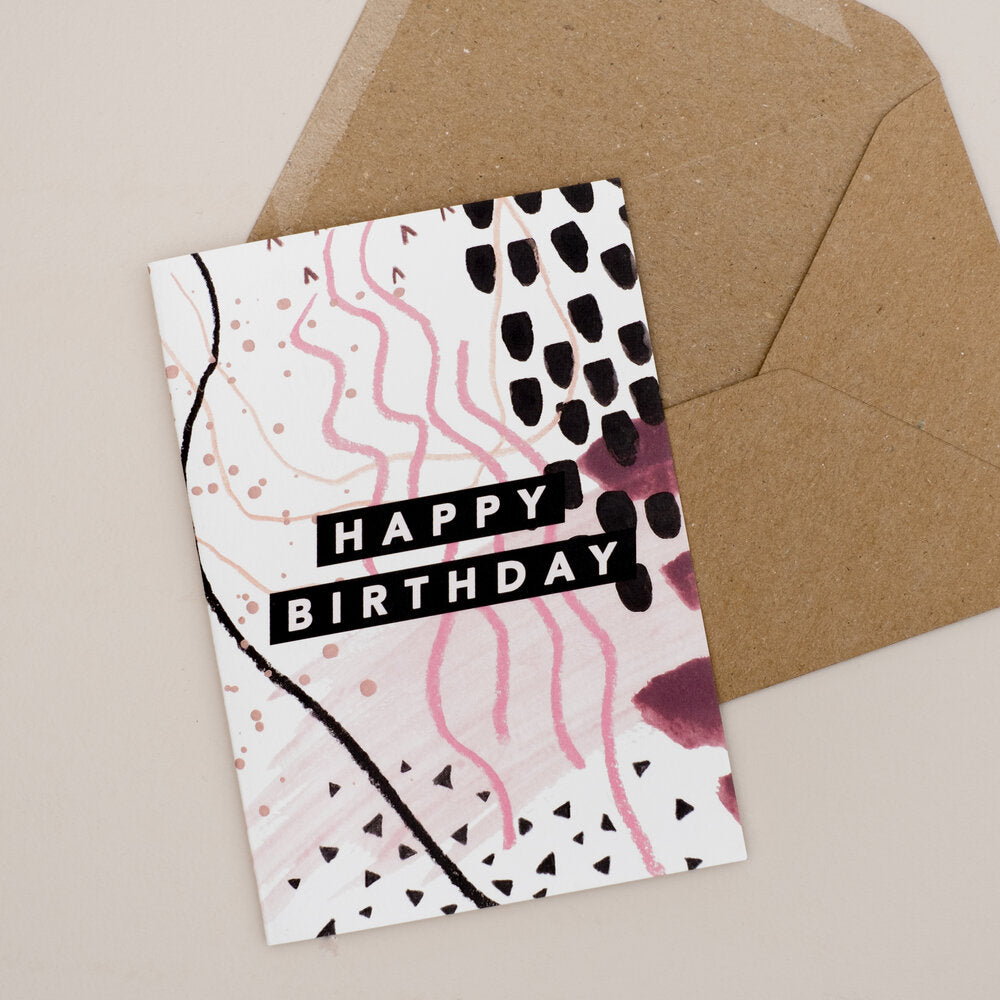 TAN, BLACK + PINK ABSTRACT BIRTHDAY CARD