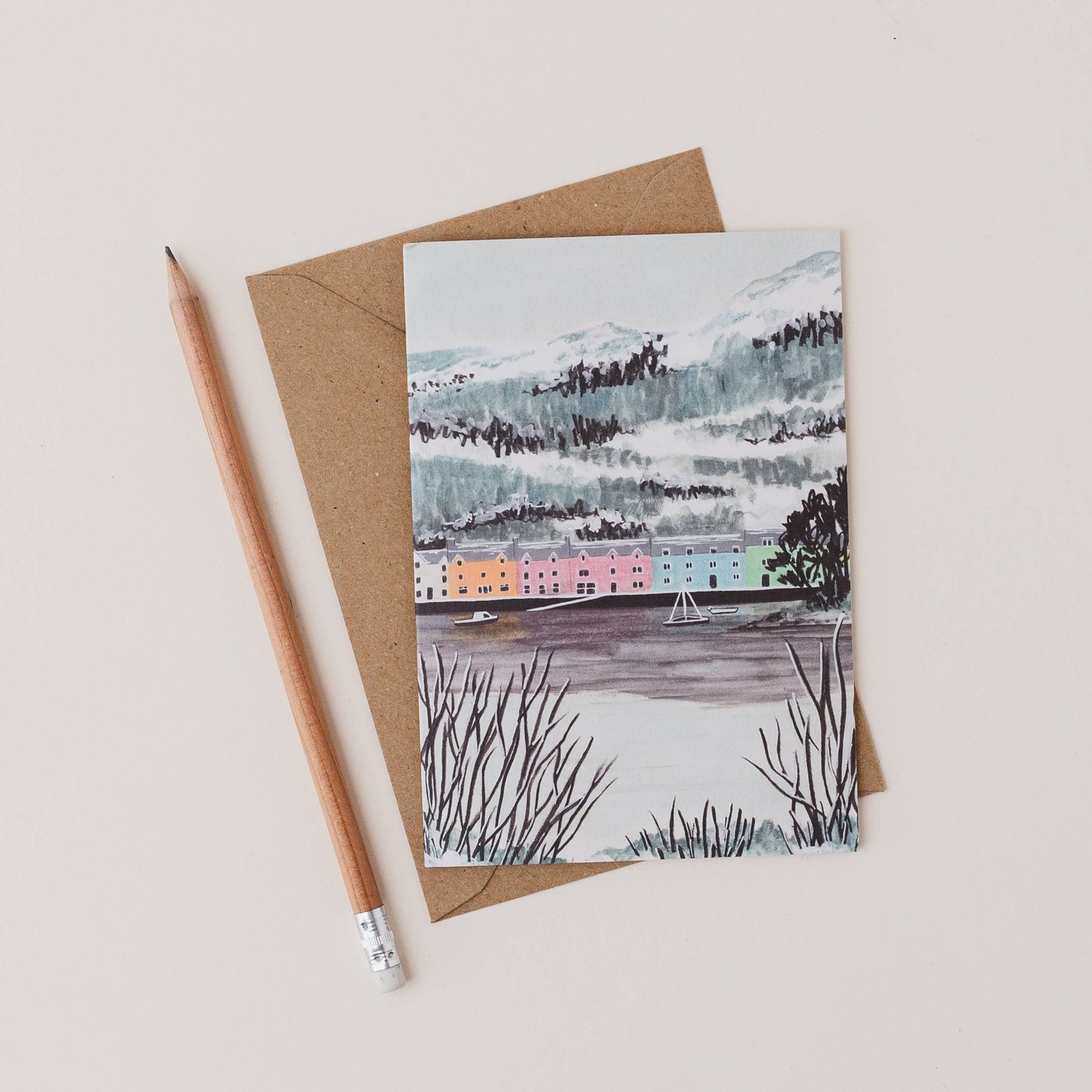 Luxury A6 greetings card featuring colourful houses in Portree on Isle of Skye, blank inside, printed on 350gsm UK card with recycled Kraft envelope