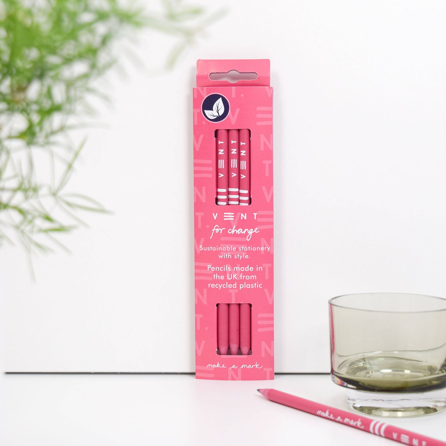 3 recycled pencils with Make a Mark design in sleeve, made from CD cases and fully recyclable - pink