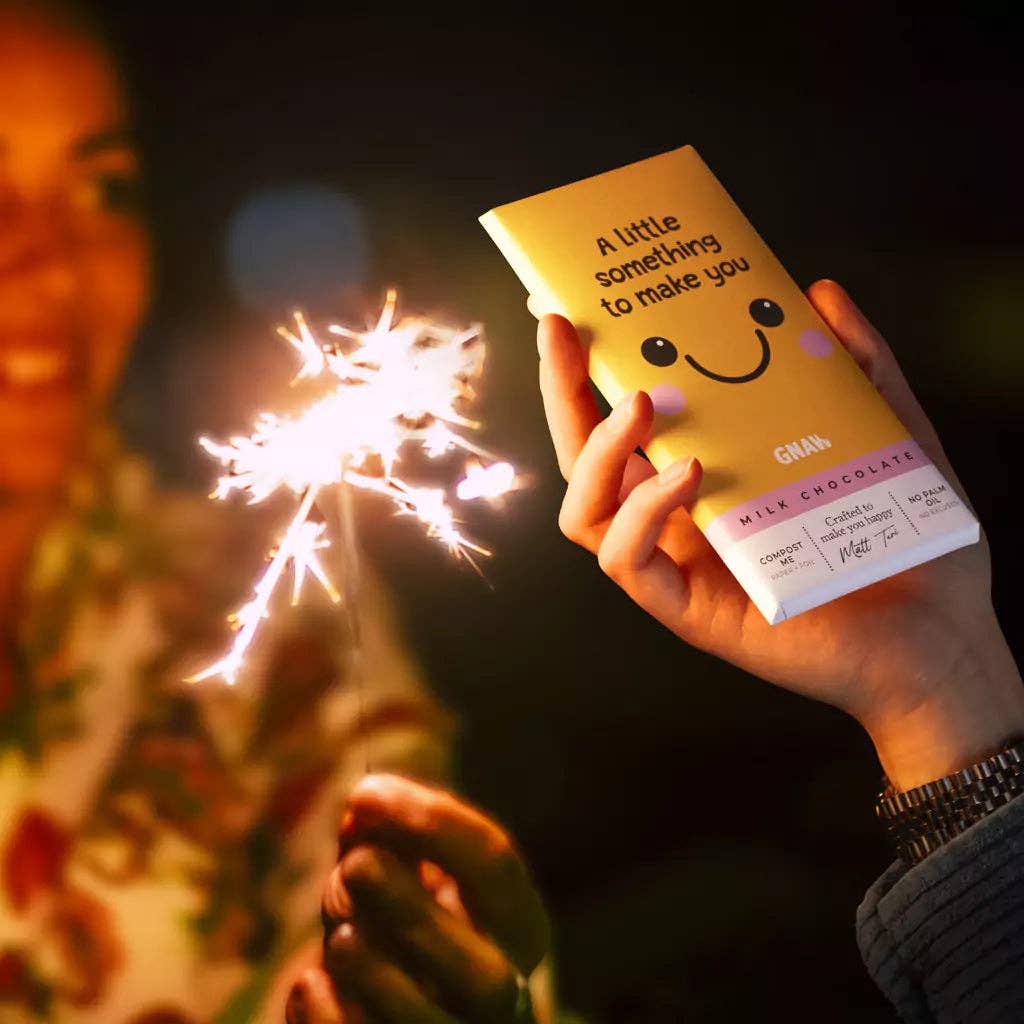 GNAW ‘Something to Make You Smile’ milk chocolate bar in compostable packaging