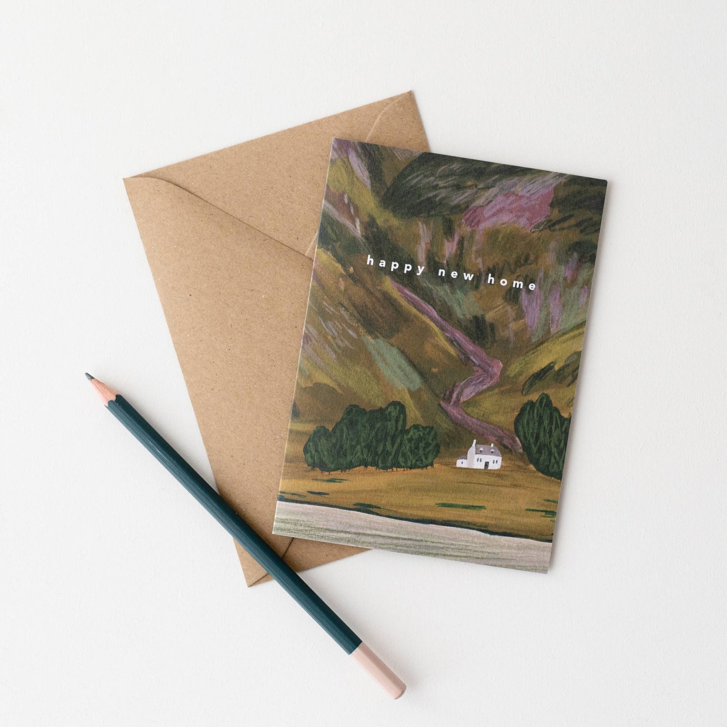 Luxury A6 happy new home greetings card with Glencoe mountain illustration, blank inside, printed on 350gsm UK card with recycled Kraft envelope